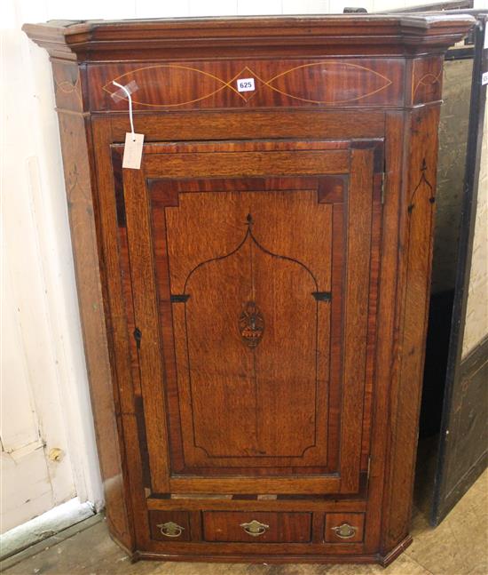 George III inlaid oak hanging corner cupboard